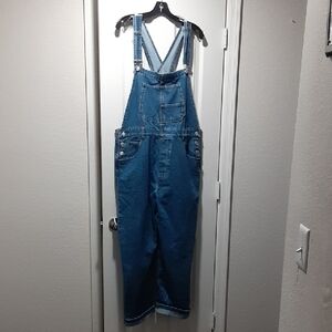 We The Free light blue denim overalls with tan stitching